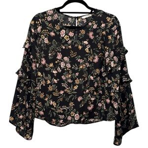 Lush Flowy Black Long Sleeve Floral Blouse with Ruffle Sleeves Women’s Small